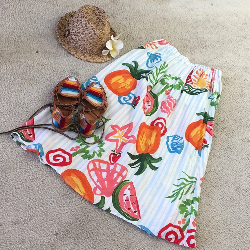 Calypso St. Barth/Tropical Fruit Print Linen Blend Maxi Skirt/ Nwt